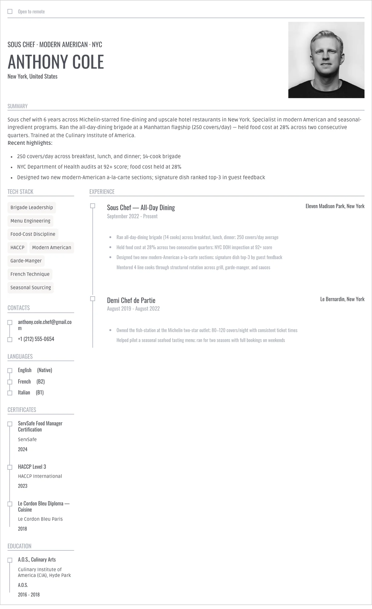 Resume example — chef