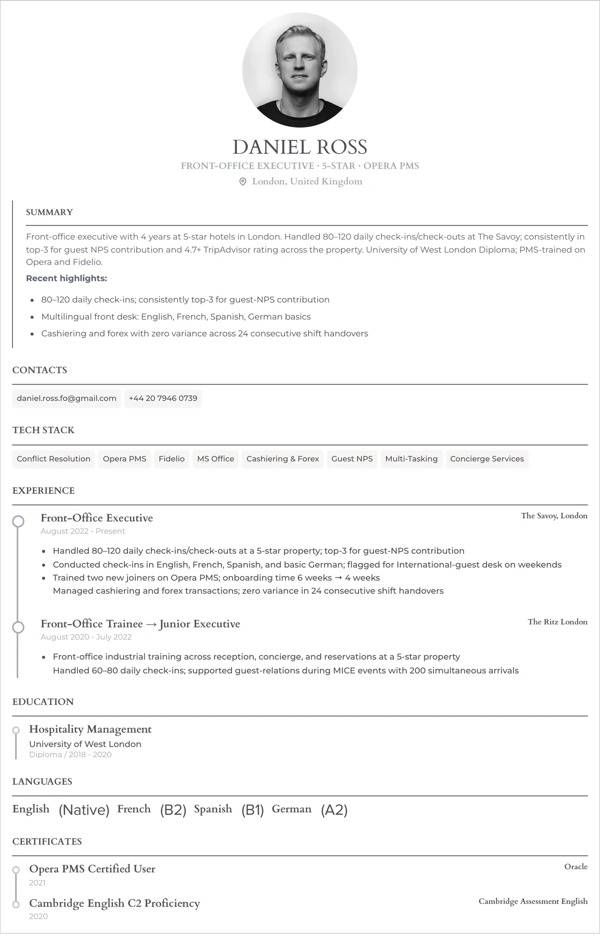 Resume example — receptionist