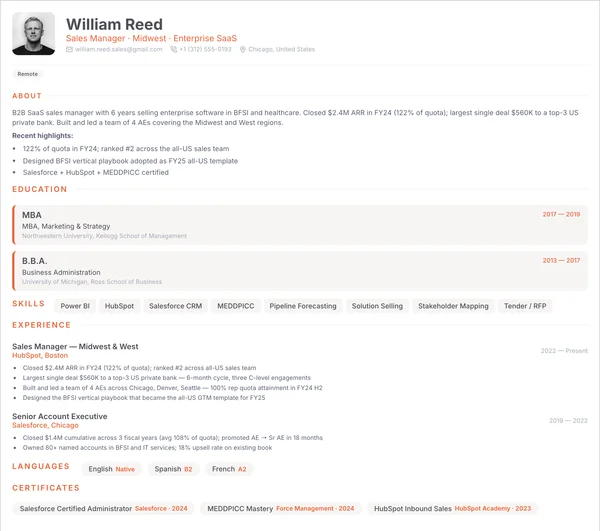 Resume example for Sales Manager